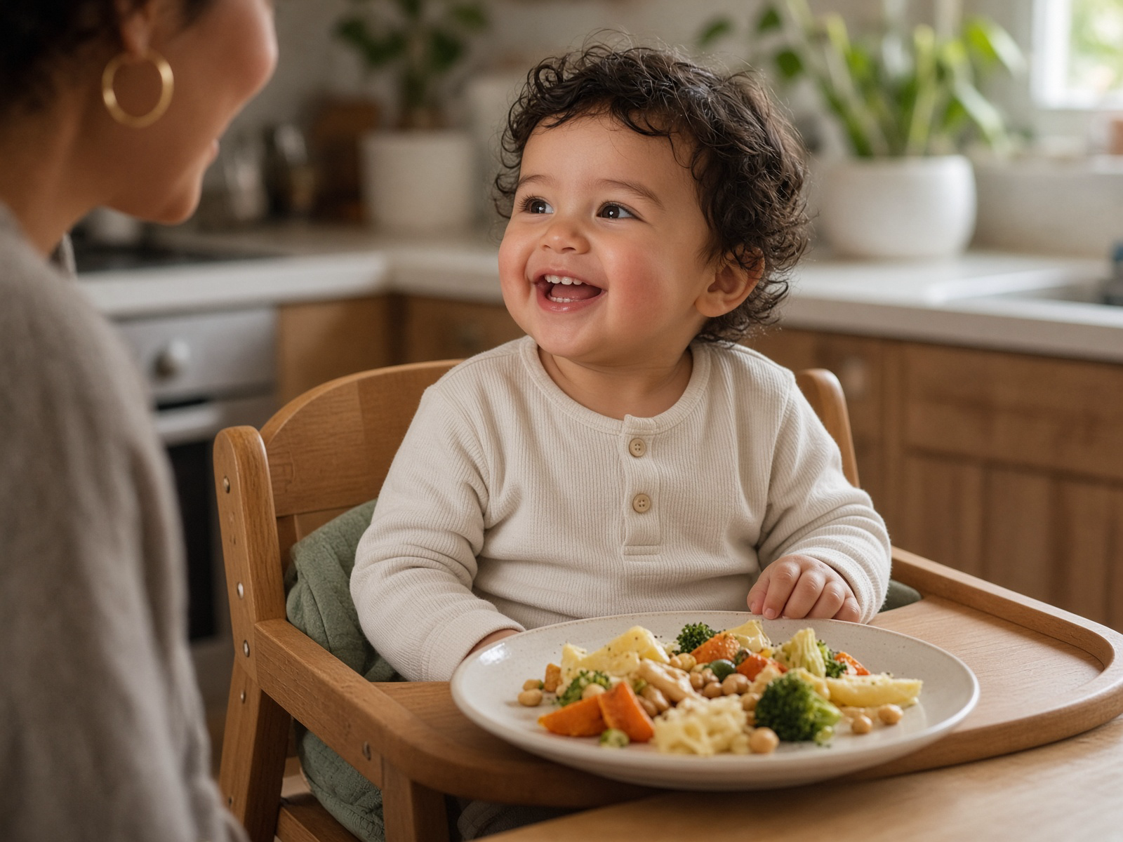 A toddler with curly hair sits in a wooden high chair in front of a white plate of broccoli, carrot slices, cauliflower, and chickpeas. An adult at the left edge smiles toward the child.