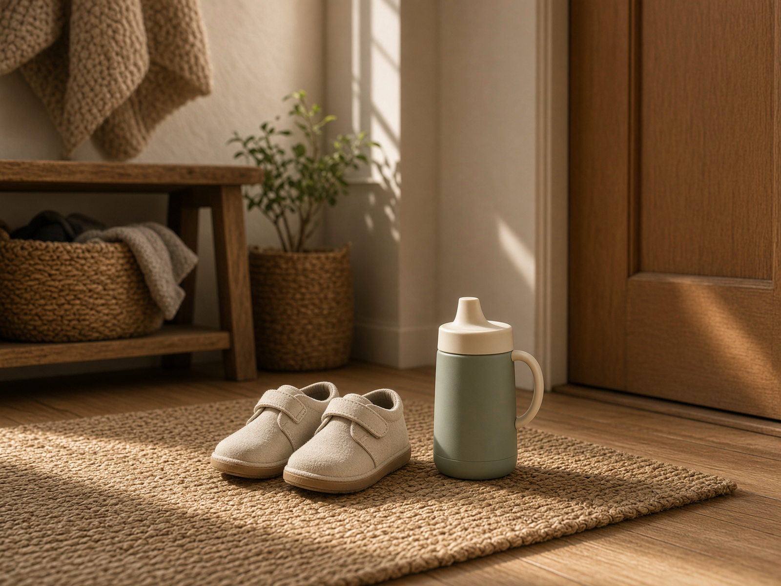 Cream toddler Velcro shoes and a sage sippy cup sit on a woven rug in a sunlit entryway beside a wooden bench, a plant, and a basket of textiles.