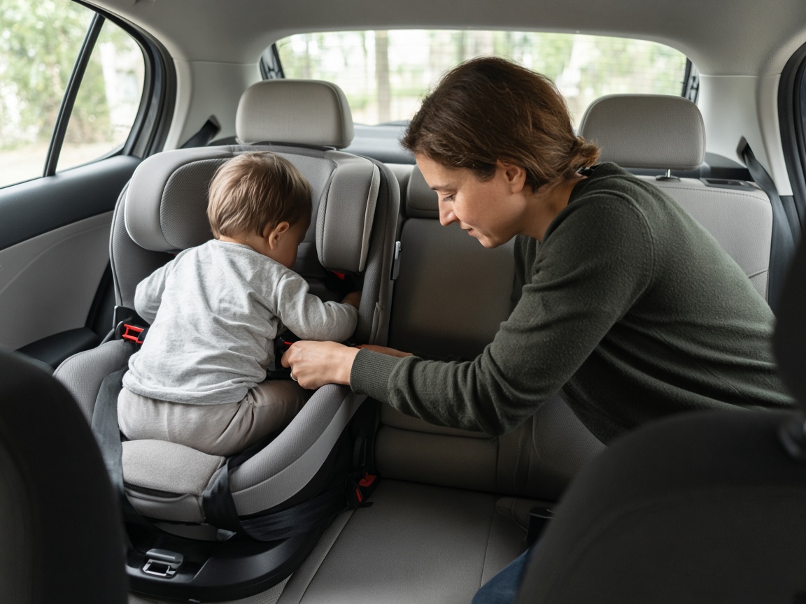 A parent in a dark green sweater leans into a car to buckle a toddler into a rear-facing harnessed car seat.