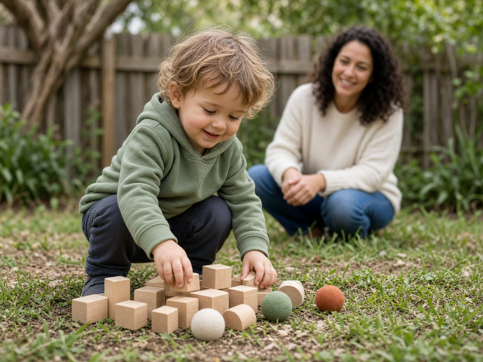 A toddler in a sage hoodie crouches on backyard grass arranging wooden blocks and felt balls while an adult in a cream sweater watches from behind.