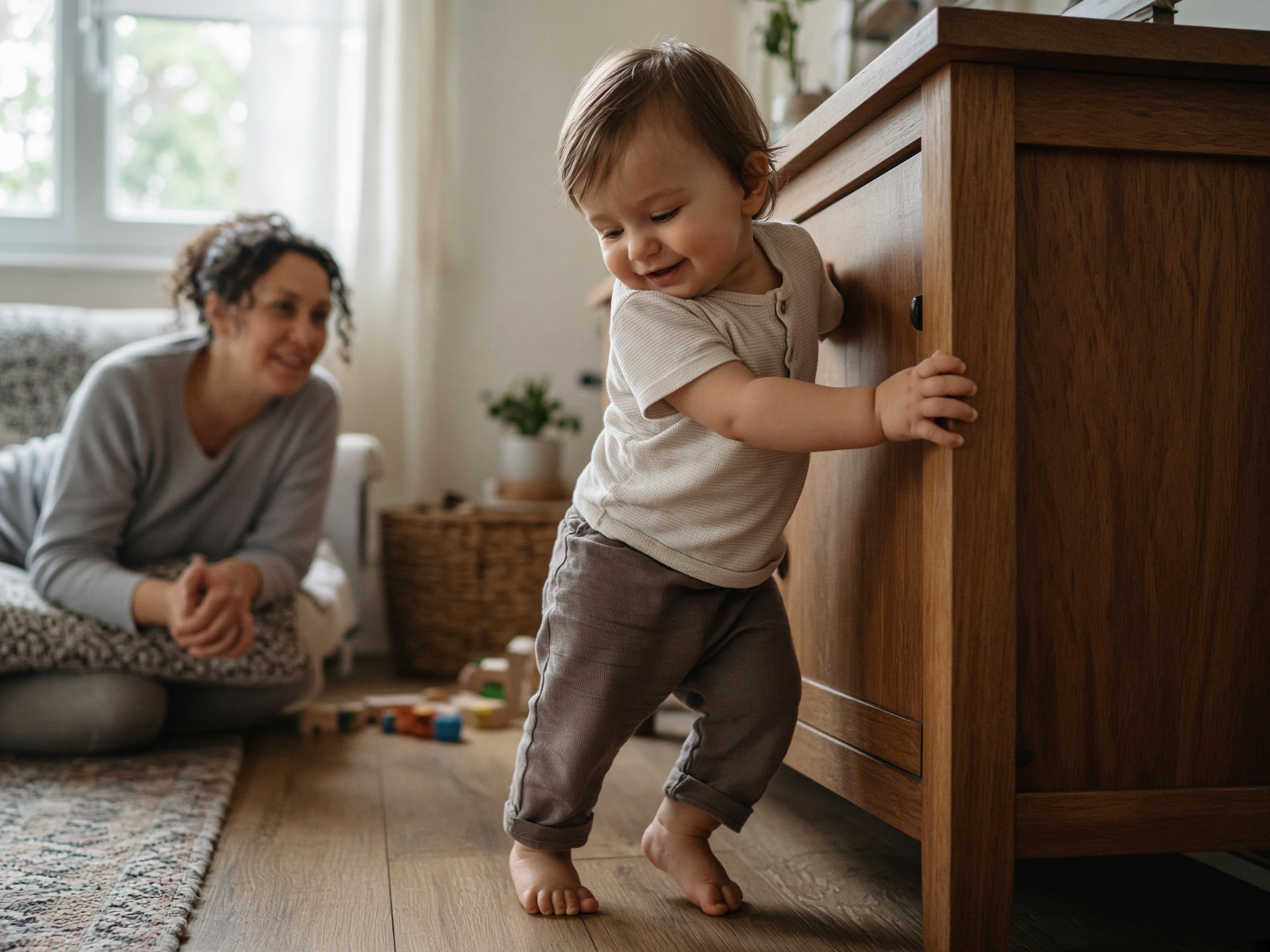 A toddler in a cream henley cruises along a wooden cabinet on a light wood floor while an adult sits on the rug behind them and smiles.
