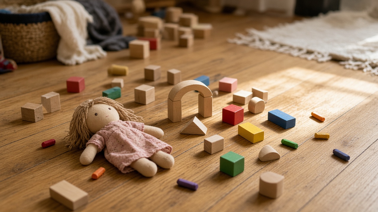 A rag doll in a pink dress lies on a hardwood floor among colorful wooden blocks and crayon stubs. A basket and a fringed rug sit in the background.