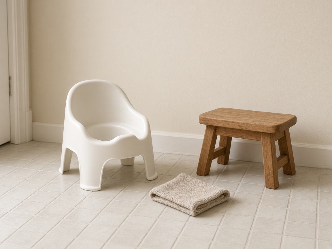 A white potty chair, a small wooden stool, and a folded washcloth sit on light bathroom tile.