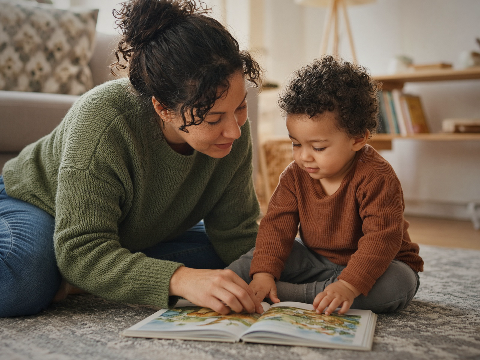 An adult in a dark green sweater and a toddler in a rust shirt sit on a living-room rug sharing an open picture book.
