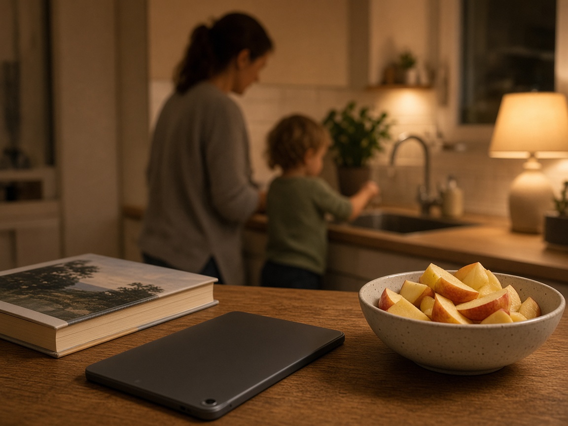 A tablet lies face-down on a wood table beside a hardcover book and a bowl of apple slices. In the background, an adult and toddler stand at a kitchen sink.