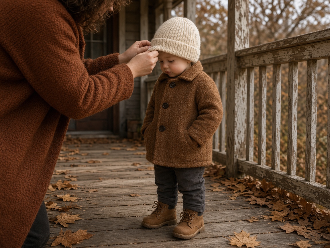 An adult in a rust cardigan ties a cream knit hat on a toddler in a brown wool coat and boots on a wooden porch scattered with autumn leaves.