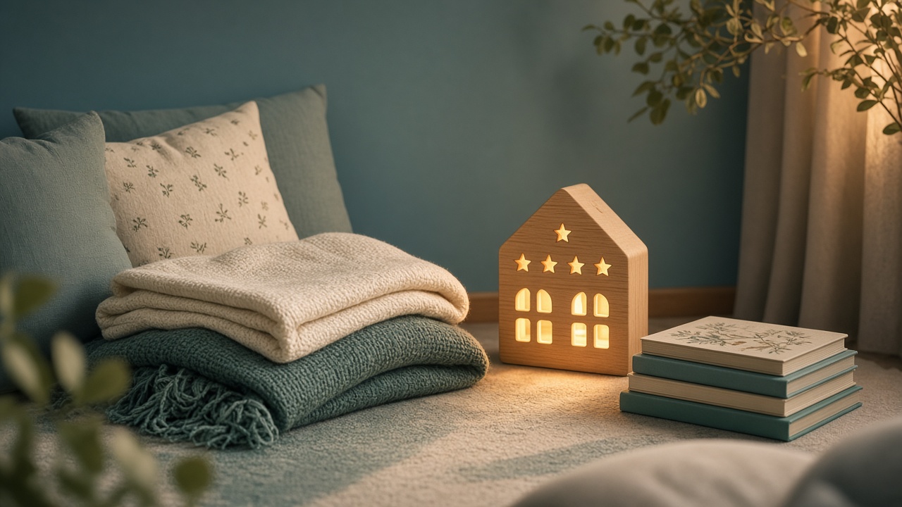A wooden house-shaped nightlight with star cutouts glows beside a stack of botanical picture books, folded cream and teal blankets, and star-patterned pillows on a rug.
