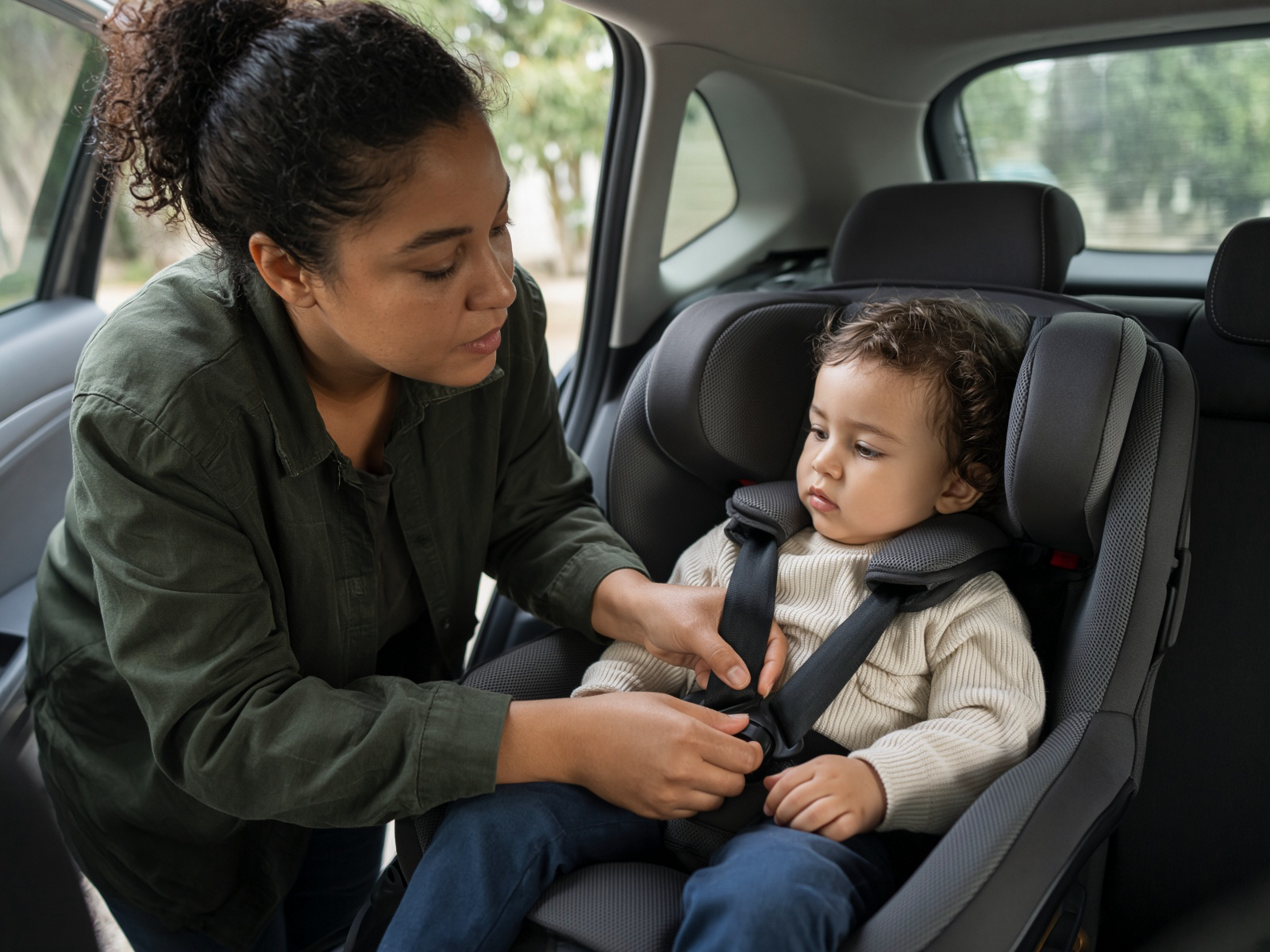 An adult in a dark green shirt leans into a car and buckles a toddler in a cream knit sweater into a harnessed car seat.