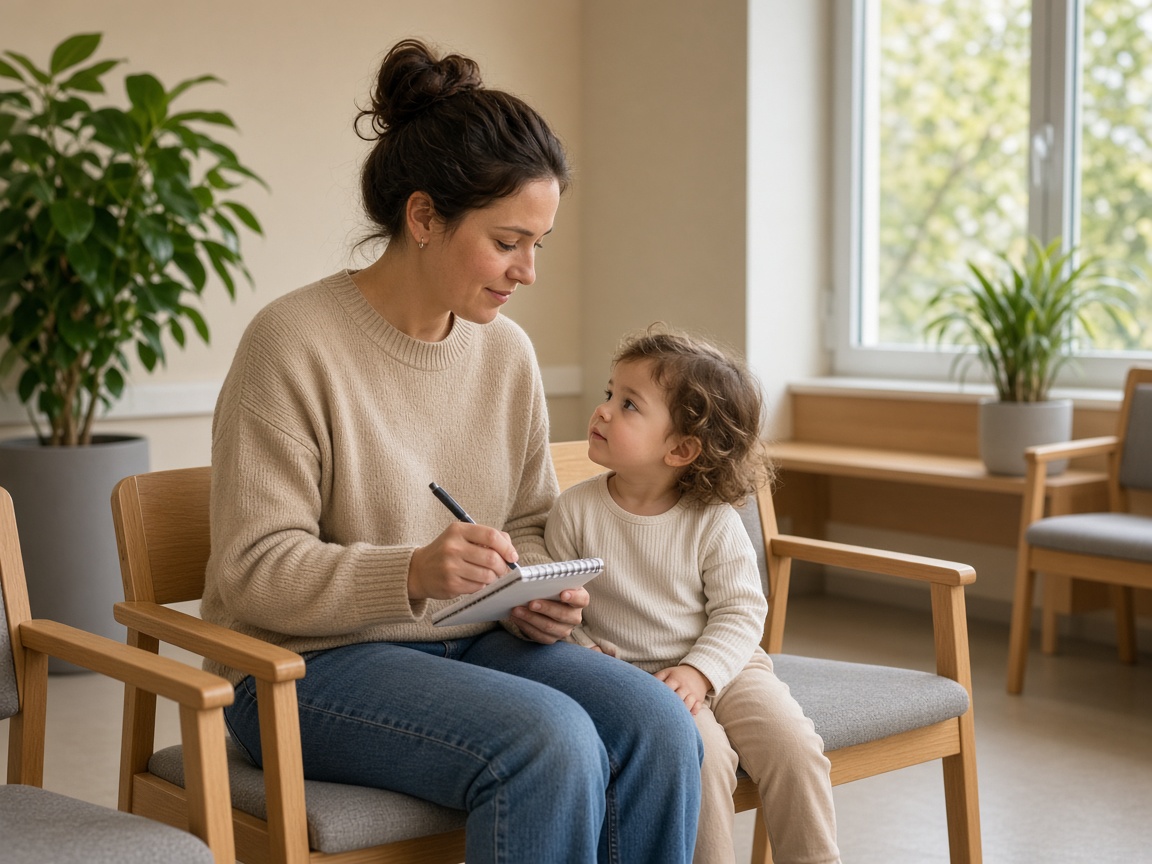 A parent writes in a small notepad on a wooden waiting-room chair while a toddler in cream knit clothes sits beside them near a window and plants.