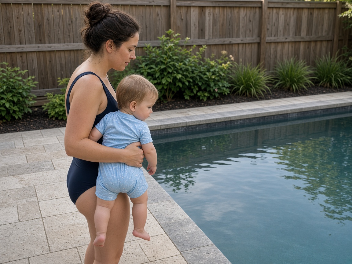 An adult in a navy swimsuit holds a toddler at the stone edge of a still backyard pool, with a wooden fence and shrubs behind them.