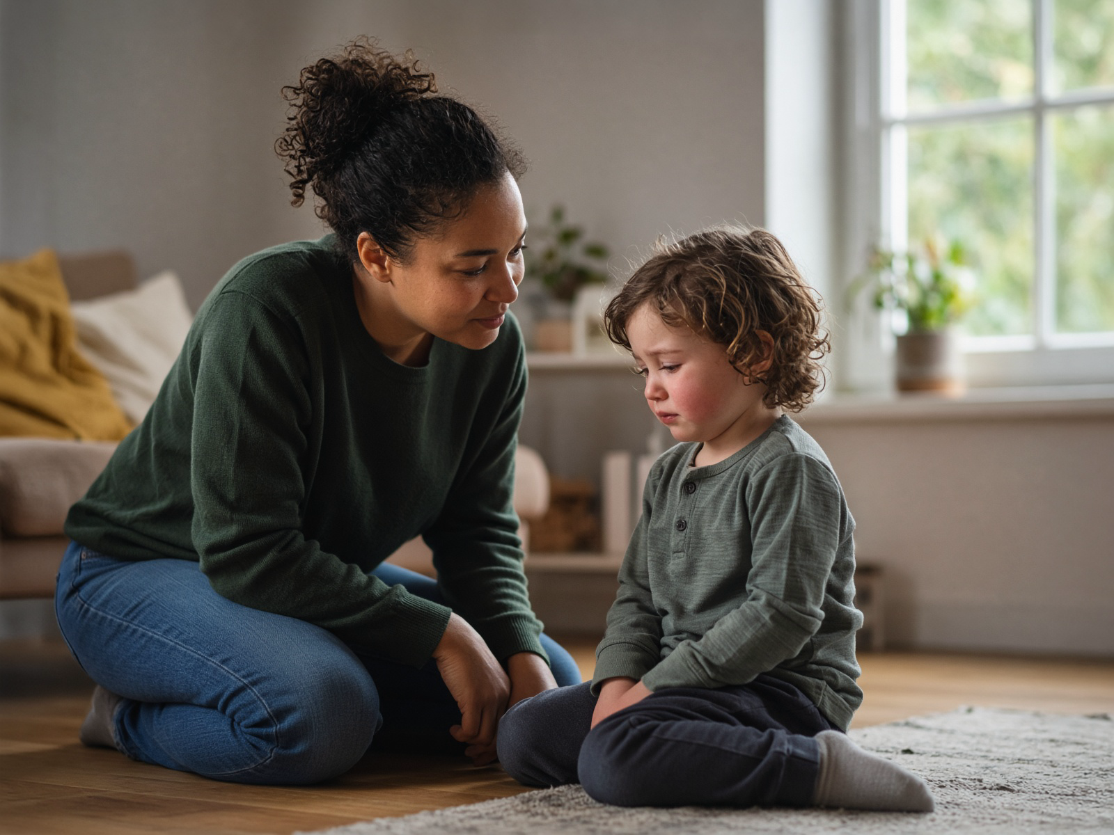 An adult in a dark green sweater kneels on a wooden floor at a toddler's height. The child sits on a small rug looking down. A tan sofa is behind them.