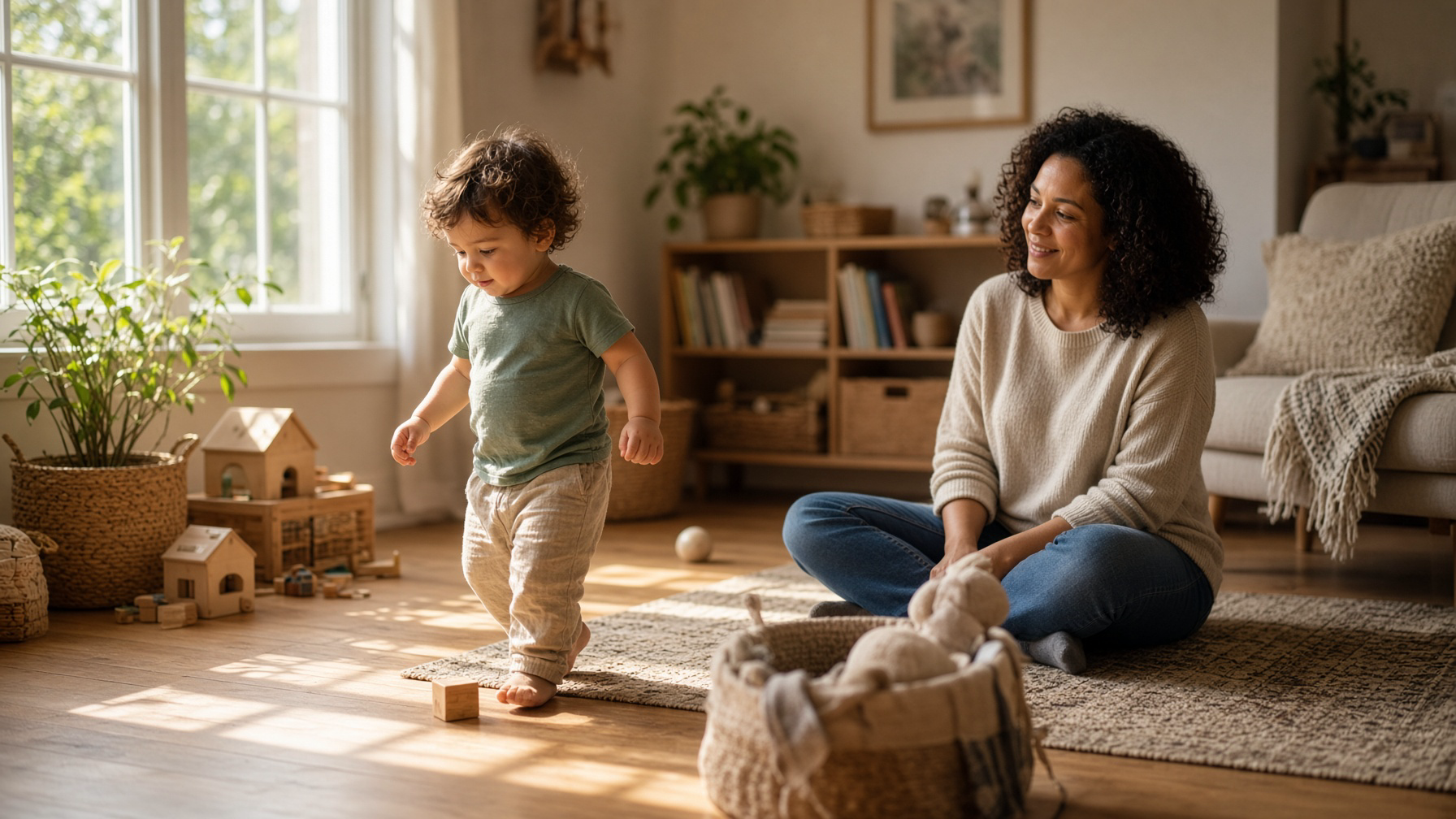 A toddler in a sage shirt walks barefoot across a sunlit living room toward wooden toys while an adult in a cream sweater sits on the rug and watches. Woven baskets and a low bookshelf sit behind them.